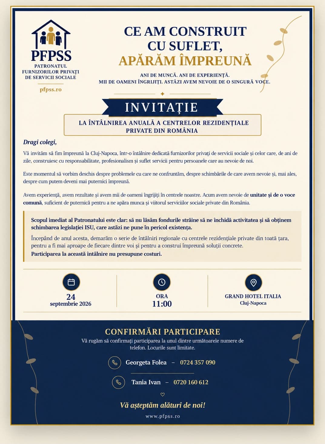 Invitație Conferința PFPSS Cluj-Napoca, 24 septembrie 2026, Grand Hotel Italia